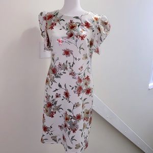 White pencil scuba metallic floral ruched shirt sleeve dress size 10